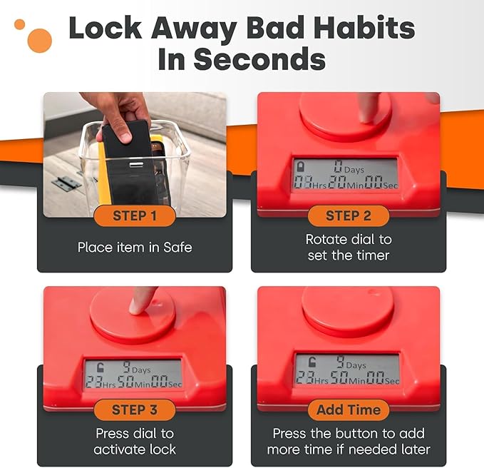 Kitchen Safe Time Locking Container (Medium), Timed Lock Box for Cell Phones, Snacks, and other unwanted temptations (Red Lid + 5.5” Clear Base with Access Port)