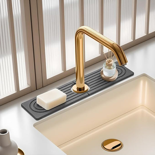 Faucet Mat for Kitchen Sink, Diatomite Quick Drying Tray , Long 23.6'' Kitchen Sink Splash Guard and Bathroom Stone Tray for Counter. Super Absorben. (Dark gray-Rectangle, 15.7" x 4")