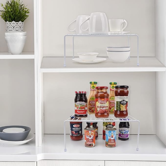 Set of 2 - Kitchen Storage Shelf Rack (13.1 x 10.2 Inch)/Plastic Feet - Medium - Steel Metal - Rust Resistant Finish - Cups, Dishes, Cabinet & Pantry Organization - Kitchen (White)