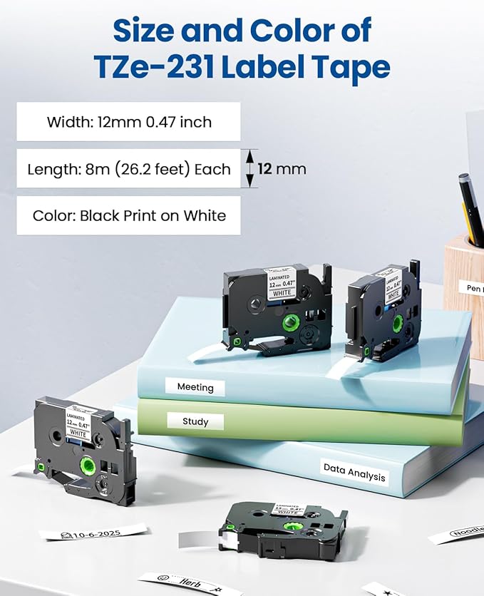 2-Pack 12mm 0.47" White Label Maker Tape TZE2312PK Replacement for Brother P Touch Label Tape TZe-231 TZ-231, Compatible with Brother Ptouch PT-D210 PT-D220 PT-H110 PT-D400 PT-1880 PT-D600 D200