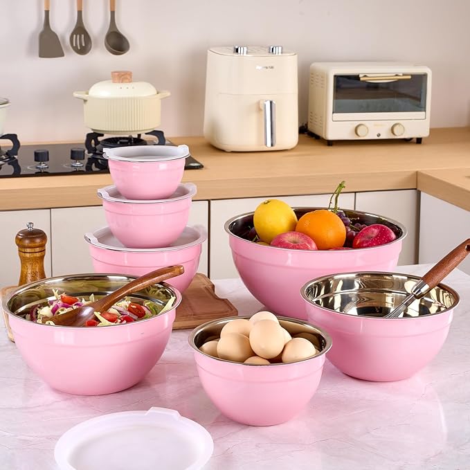 LKTDYMEG Pink Mixing Bowls with Lids Set of 7, Stainless Steel Nesting Bowl with Khaki Lid for Non-slip Mixing Prepping Storing Serving, 7 Sizes-7/3.6/2.7/2.1/1.5/1/0.8 QT