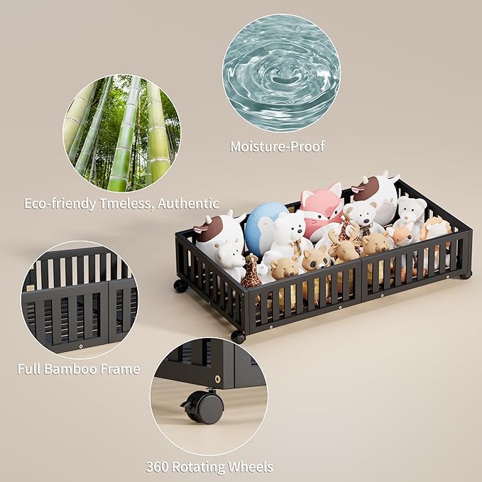 Bamboo Under Bed Storage with Wheels,Rolling Underbed Shoe Organizer Box for Shoes,Blankets,Toys,Clothes Container Space-Saving Bins for Bedroom,Closet,Dorm,Nursery