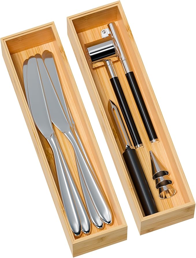 Greatseas Kitchen Drawer Organizer Bins, Stackable Bamboo Deep Drawer Organizer for Silverware, Utensils, Cutlery, Flatware, Junk Drawer, Dresser, Bathroom, 12" x 3" x 2.5" (Set of 2)
