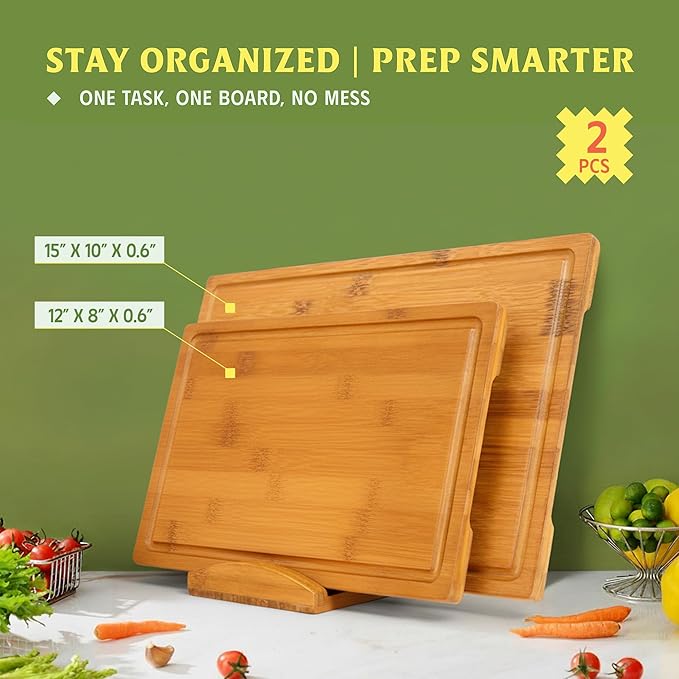 Vietnam Carbonized Bamboo Cutting Board Set of 2 with Holder, Non Toxic Reversible Boards with Juice Groove, Smooth Finish and Non Slip Feet, Handmade in Vietnam for Prep and Charcuterie