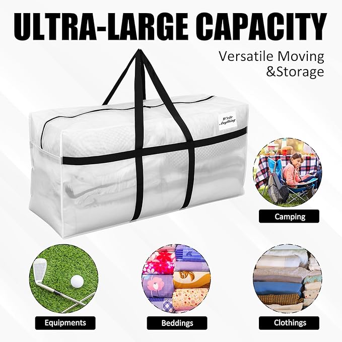 Windyun 4 Pack 57 Gallon Extra Large Moving Bags XXL Heavy Duty Storage Bag with Strong Zipper Handle Jumbo Big Tote Box Foldable for College Dorm Travel Clothes Duffle Blanket Pillow(Transparent)