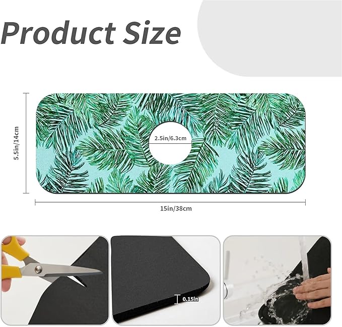 Kitchen Sink Splash Guard，Green palm leaves Faucet Mat Sink Gadgets-Super Absorbent Fast Drying Mat Drip Catcher for Kitchen, Bathroom,Sink Mat, Dish Drying Mat, Bathroom(15" X 5.5" )