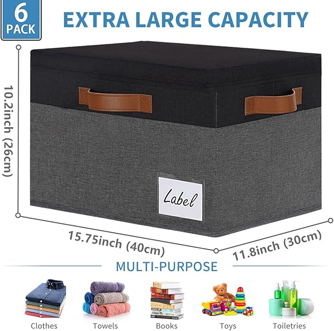 GhvyenntteS Extra Large Storage Bins with Lids 6 Pack, Foldable Fabric Storage Boxes with Lids and 3 Leather Handles, Storage Baskets with Label Window (Grey&Black, 15.75x11.8x10.2)
