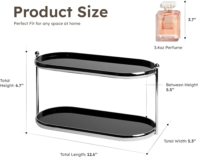 MUSEOWN 2 Tier Metal Frame Perfume Organizer in black - morden, stylish, minimalist tiered tray for Watch, Jewelry, Brooch Skincare, - Elegant Countertop Display Shelf for Dresser, Vanity, Bathroom