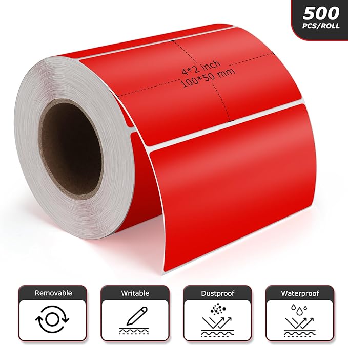 Red Rectangle Stickers 4 x 2 Inch Color Coding Labels Vinyl Roll Self-Adhesive Waterproof Removable 500 PCS