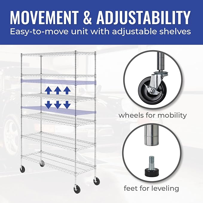 SafeRacks - NSF Certified Storage Shelves, Zinc, Heavy Duty Steel Wire Unit with Wheels and Adjustable Feet, Garage or Bakers Rack, Kitchen, Pantry Shelf - (18"x48"x72" 6-Tier) (Silver)