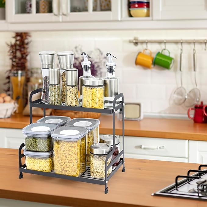 Jofuas 2-Tier Metal Countertop Organizer – Standing Shelf for Bathroom and Kitchen Storage Under Sink, Organizing Cosmetics and Spices-Black
