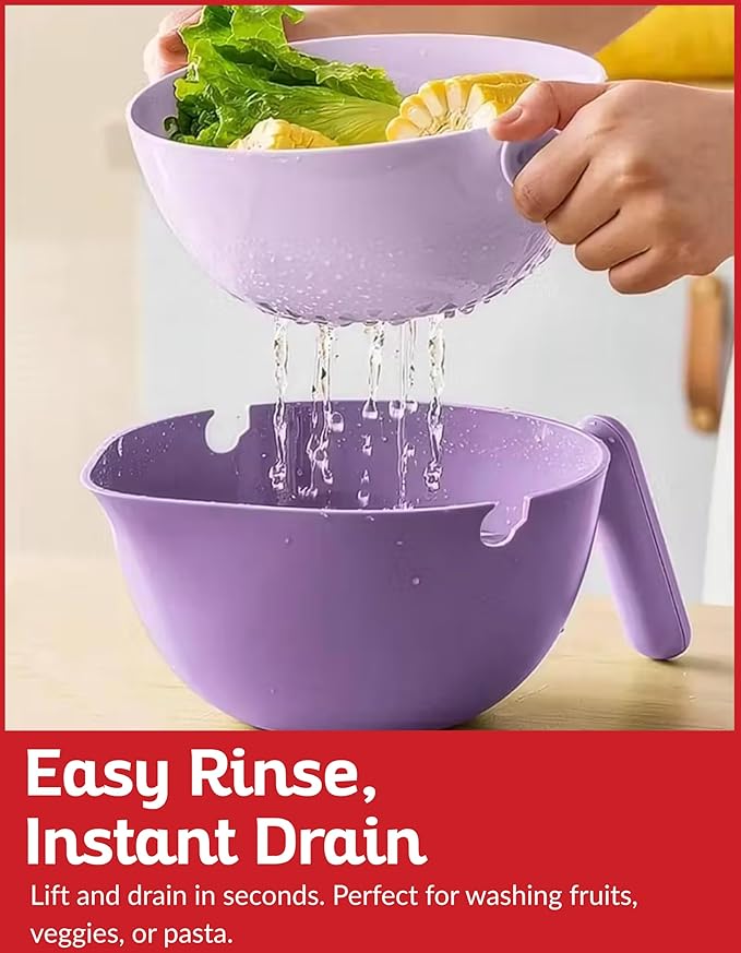 Multi Functional Draining Basket – Double Layer Colander & Bowl for Pasta, Fruits & Vegetables – Durable BPA-Free, Dishwasher Safe - Purple.