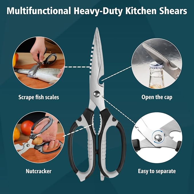 BoFuYuan Kitchen Scissors, 9-Inch Heavy Duty Multipurpose Food Cutting Shears, Detachable Dishwasher Safe, Sharp Serrated Blade, Ergonomic Non-Slip Handle for Food, Meat, Herbs, Black
