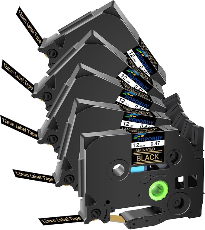 5 Pack 12mm 0.47 Laminated Black Tape Compatible for Brother P-Touch TZ334 TZ-334 TZe-334 TZe334 Gold on Black TZe TZ Label Tape for PT-D210 D200 D400 D600 E550W E800W H110 Label Maker