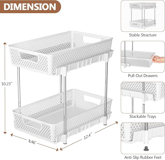 2 Pack Pull Out Bathroom Organizers and Storage, 2 Tier Stackable Under Sink Storage Organizer for Bathroom, Kitchen Cabinet, Pantry, and Medicine Holder, Organization and Storage - White