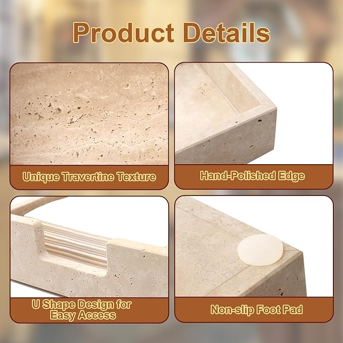 Shonmogar Cocktail Napkin Holder,Travertine Stone Napkin Holders Fit for 5”x5” Cocktail-Sized Napkins,Stone Napkin Holder for Table Kitchen Counter Dining Room Party Bar Decor,Beige