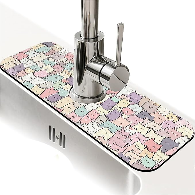 Kitchen Sink Splash Guard，Cute colorful cats Faucet Mat Sink Gadgets-Super Absorbent Fast Drying Mat Drip Catcher for Kitchen, Bathroom,Sink Mat, Dish Drying Mat, Bathroom(15" X 5.5" )