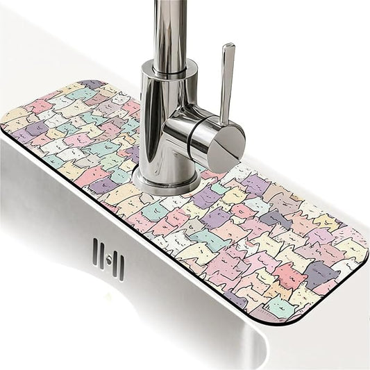 Kitchen Sink Splash Guard，Cute colorful cats Faucet Mat Sink Gadgets-Super Absorbent Fast Drying Mat Drip Catcher for Kitchen, Bathroom,Sink Mat, Dish Drying Mat, Bathroom(15" X 5.5" )