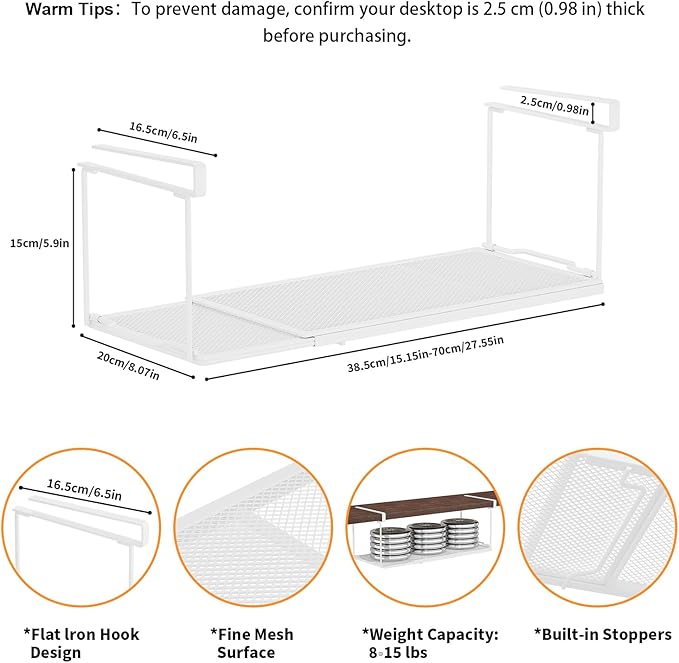 1 Pack Expandable Under Cabinet Shelf, Under Shelf Basket with 0.94 Inches Thick Clips for Kitchen Cupboard, Metal Hanging Under Desk Basket for Laundry Room, Cabinet, Shoe Rack