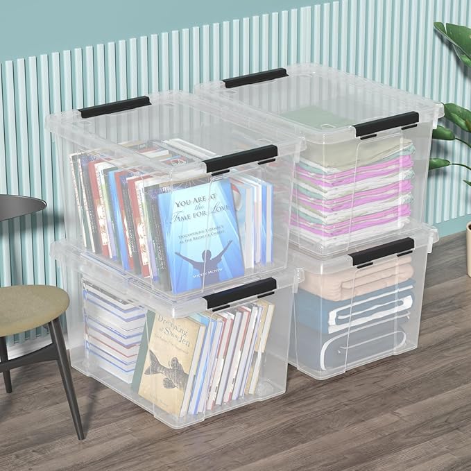 50 Quart Clear Storage Latching Bin with Lid, Large Plastic Storage Box with Wheels, 4 Packs