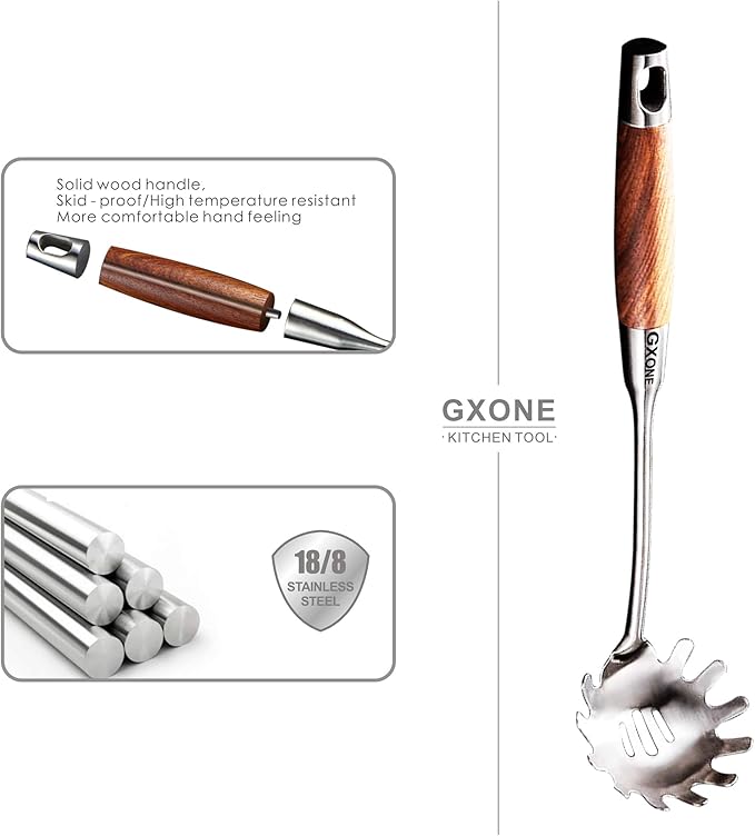 GXONE Spaghetti Spoon,304 Stainless Steel Pasta Spoon with Heat Resistant Wooden Handle,Silver/14.2Inch
