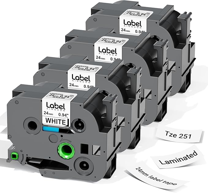 Label KINGDOM TZe-251 24mm (0.94") tz Laminated White Label Maker Tape Refills Compatible with Brother P-Touch PT D610BT D600 P710BT P750W 950W, 4-Pack 1 in Tze251