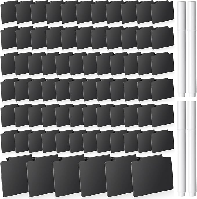 Chinco 80 Pcs Basket Label Clips Set Include 76 Removable Kitchen Clip Label Holder PVC Storage Bin with 4 Chalk Markers for Basket Kitchen Pantry Organization (Black Clip, White Pen)
