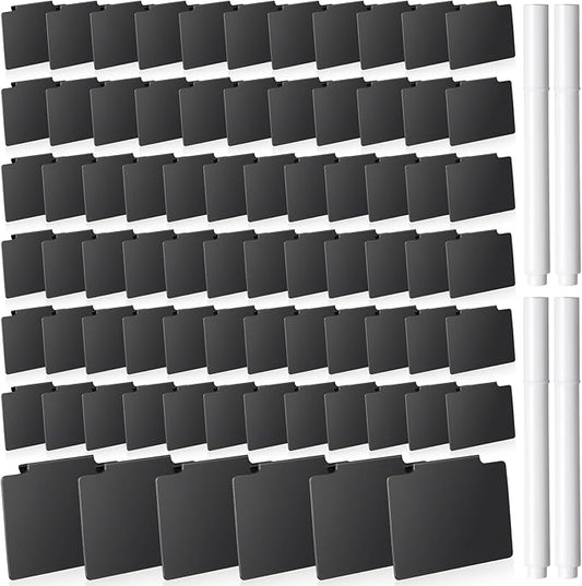 Chinco 80 Pcs Basket Label Clips Set Include 76 Removable Kitchen Clip Label Holder PVC Storage Bin with 4 Chalk Markers for Basket Kitchen Pantry Organization (Black Clip, White Pen)