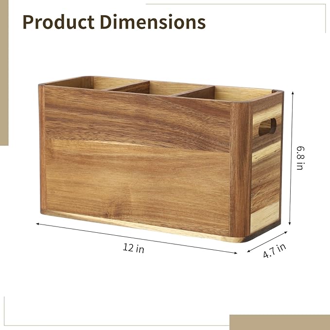 OMISTAR 3-Compartment Kitchen Wooden Utensil Holder Organizer, Large Wood Utensil Container with Dividers, 12 x 4.7 x 6.8 in, Wooden Storage for Cooking and Silverware