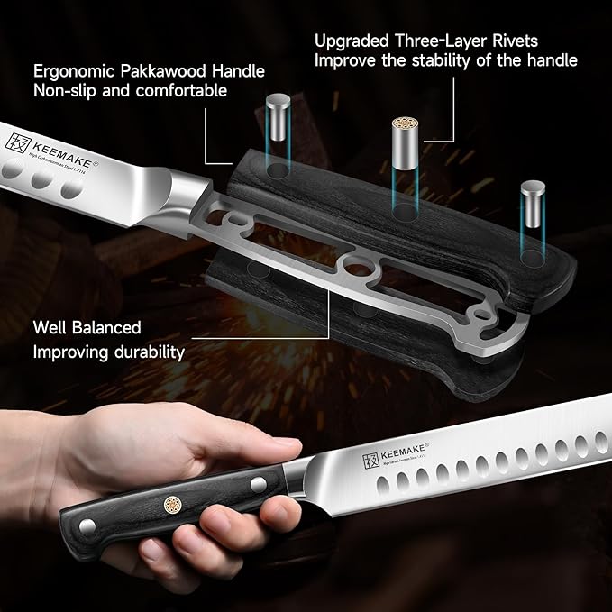 KEEMAKE Brisket Knife 12 Inch Carving Knife, Razor Sharp Slicing Knives for Meat, BBQ Knives with Ergonomic Full Tang Pakkawood Handle for Meat Cutting Roasts Turkey
