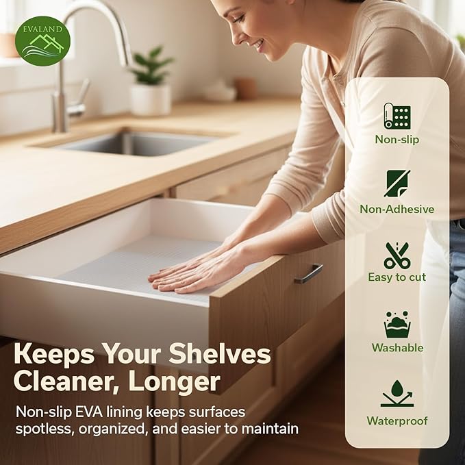 EVALAND Shelf Liners for Kitchen Cabinets Non-Adhesive 15.75" x 33FT Clear Drawer Liner Non Slip, Washable Cabinet Liner, Waterproof Shelf Liners for Cabinets, Refrigerator Bathroom Pantry Cabinet Mat