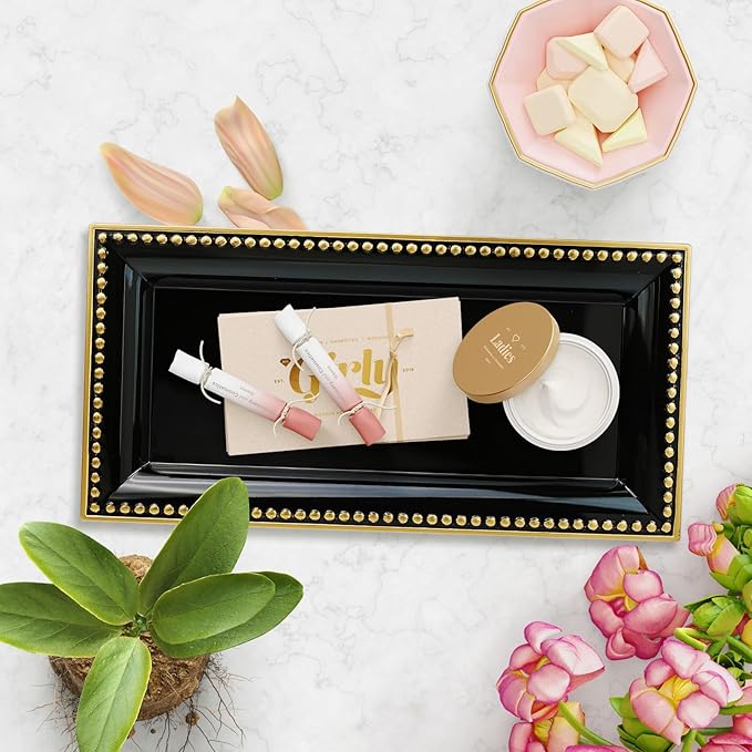 Leemxiiny 2 Pack Black Bathroom Vanity Tray for Countertop with Beads, Small Plastic Toilet Tank Versatile Storage Organization Tray for Makeup, Perfume, Desk, Kitchen, Candles, 14"x7"x1", 36B