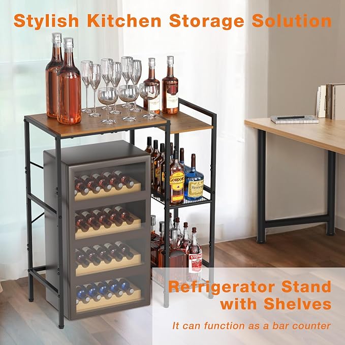 Mini Fridge Stand with Storage Shelves, Upgraded 3-Tier Mini Fridge Cabinet Stand Baker Rack for Microwave Coffee Maker Sturdy Metal Wood Desk Fits Dorm,Kitchen, Apartment, 33.4Wx15.7Dx37.2H, Brown