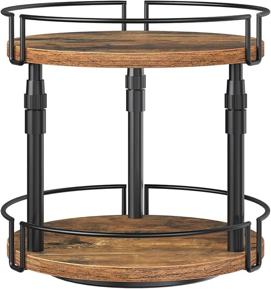 HOOBRO Lazy Susan Organizer Spice Rack, 2-Tier Height Adjustable Rotating Spice Organizer, for Kitchen Countertop and Cabinet, Rustic Brown BF05TL01