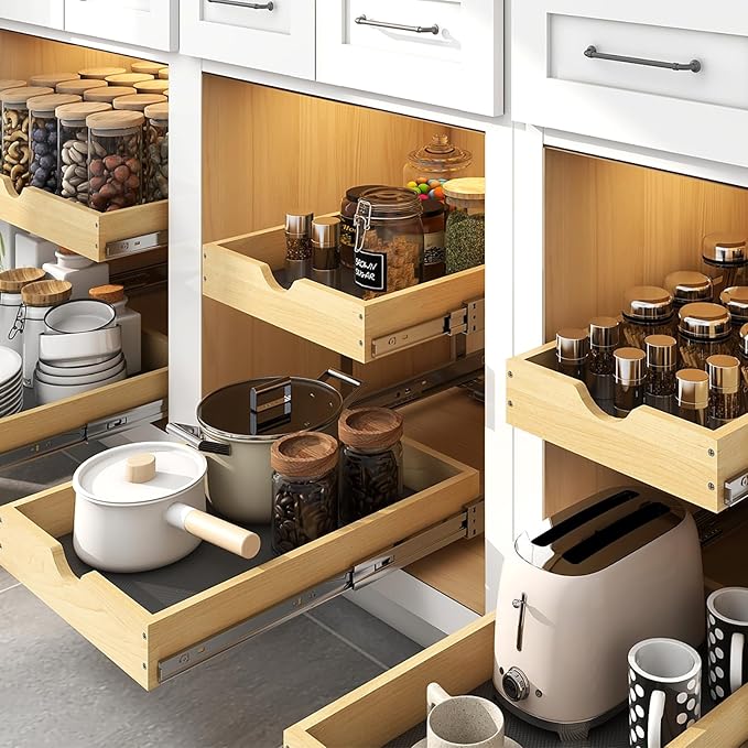 YORKING 2 Tier Pull Out Cabinet Organizer,17" W x 21" D Wooden Cabinet Pull Out Shelves,Heavy-Duty Slide out Wood Drawer Shelf,Pull Out Drawer for Cabinets,Pantry, Bathroom,Kitchen