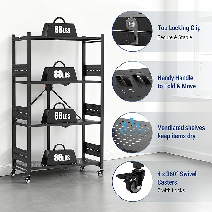 WORKPRO 4-Tier Folding Shelf, No-Assembly Metal Storage Rack with Wheels, 600 lbs Capacity (with Leveling Feet), Collapsible Shelving Unit for Kitchen, Pantry, Bathroom & Closet Organization
