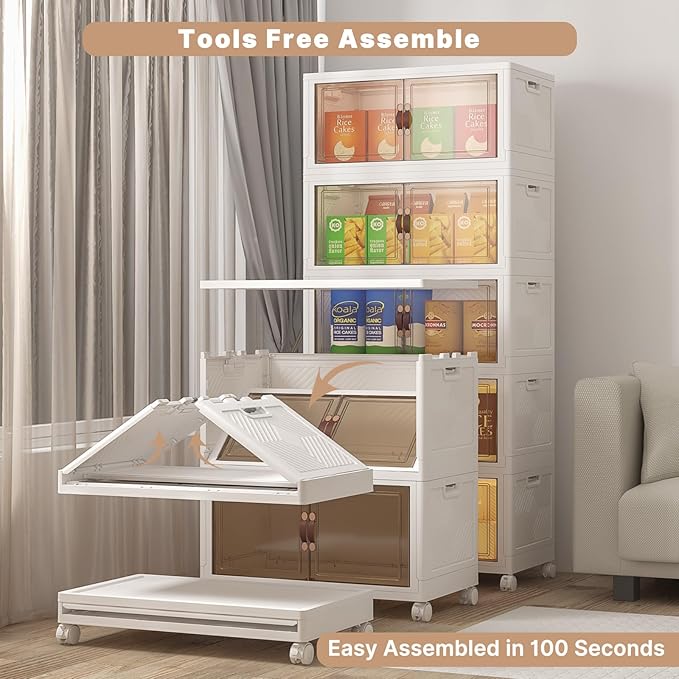 Extra Large Stackable Storage Bins with Lids & Wheels, 600QT-120QT/30GAL*5Pack Foldable Collapsible Closet Organizers Storage Cabinet with Doors for Bedroom Dorm