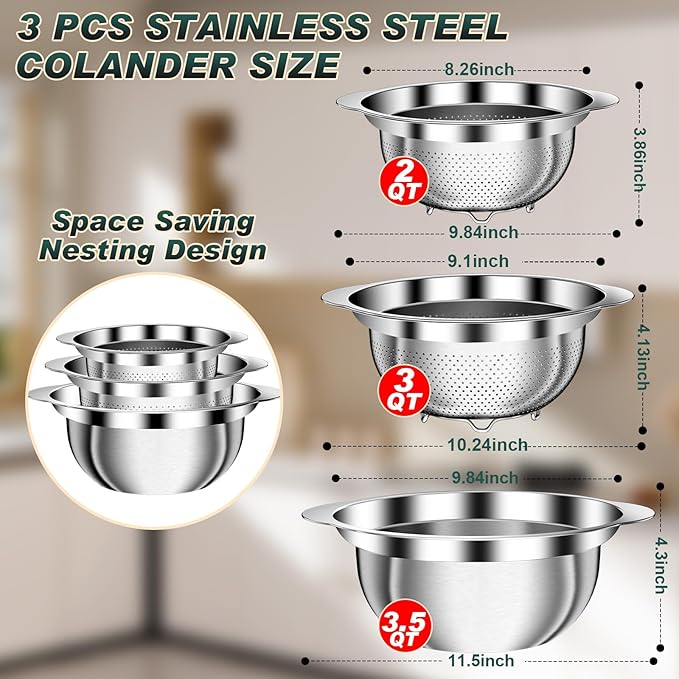 Stainless Steel Colanders with Mixing Bowl - 3.0QT & 2.0QT Strainer and Colander with Handle, 3.5QT Nesting Kitchen Bowl with Colander For Pasta, Vegetables, Fruit, Rice