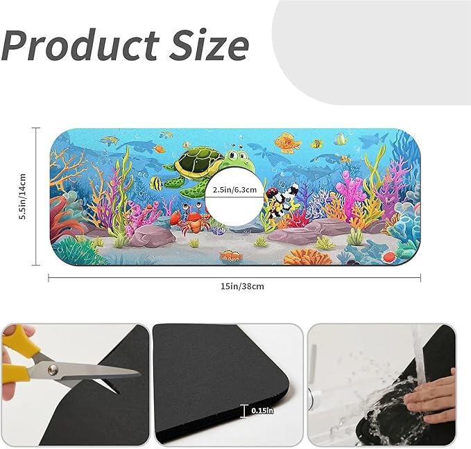 Kitchen Sink Splash Guard，cartoon sea turtle crab fish Faucet Mat Sink Gadgets-Super Absorbent Fast Drying Mat Drip Catcher for Kitchen, Bathroom,Sink Mat, Dish Drying Mat, Bathroom(15" X 5.5" )