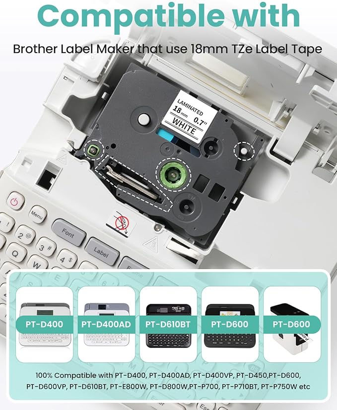 18mm Label Tape Compatible with TZe-241 Brother Label Maker Tape 18mm 0.7 Inch Tz Laminated White TZe241 PTouch Black on White for PTD410 PT-D400 PT-D610BT PTD600 Refill, 3/4 Inch, 8 Pack