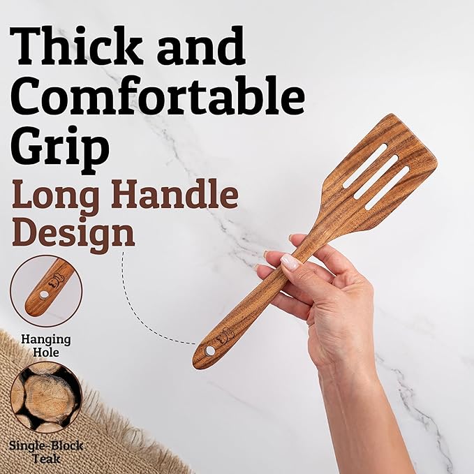 PriorityChef Teak Wooden Slotted Turner - Nonstick-Safe Cooking Spatula for Flipping, Stirring & Serving, Handcrafted from Single Block of Wood, Durable & Easy to Clean