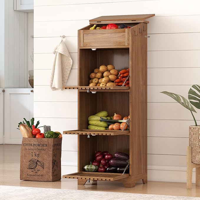 4 Tier Potato and Onion Storage Bins Box, Mid Century Modern Tall Large Fruit and Vegetable Basket Storage, Walnut Kitchen Pantry Cabinet for Snack, Wooden Bread Storage, Magnetic Flip-top