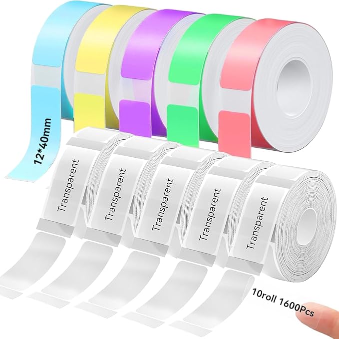EEBBL D30 P15 HP4 Label Maker Tape 12mm 0.47 Laminated White, Works with Most Non-Encrypted Portable Label Printers，for Home, Office & Small Business 165 Labels/Roll, 5 Rolls Multicolor, 5Rolls Clear