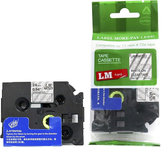 1/Pack LM Tapes - LMe155 Premium 1" White Print on Clear Label Compatible with Brother TZe-155 P-Touch and Includes Tape Color/Size Guide. Replaces TZ-155 24mm 0.94 Laminated Ptouch.