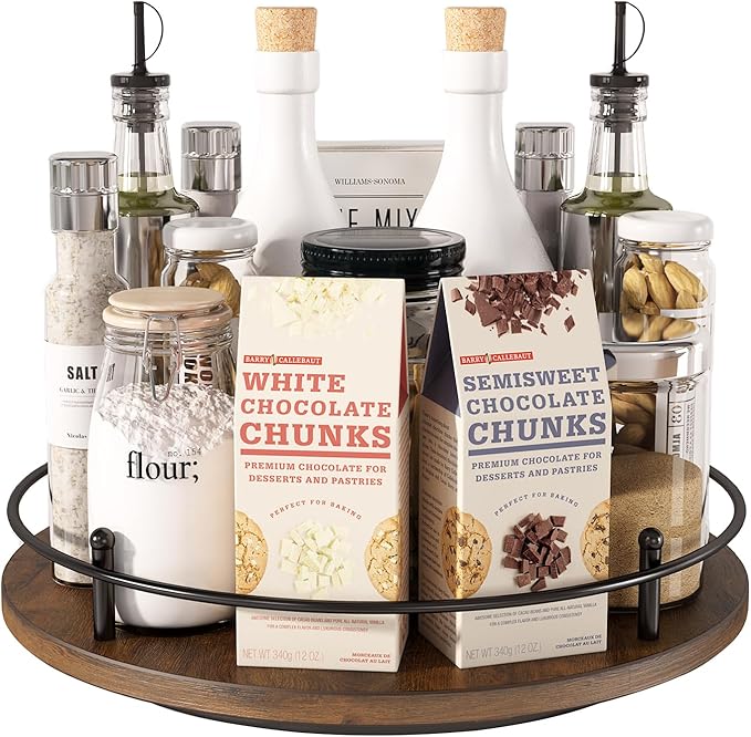 LIAISIMI 12" Lazy Susan Turntable Organizer,Round Wooden Lazy Susan Organization and Rotating Spice Rack for Dining Table,Pantry,Kitchen Countertop,Vanity,Cupboard and More.Vintage Wood(Round)