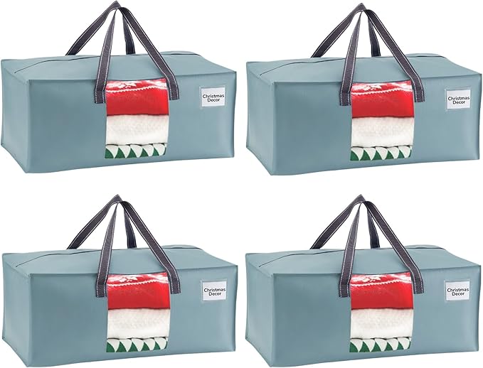 VENO 4 Pack Heavy Duty Moving Bags, Christmas Storage Bins with Lids, Transparent Window Design, Alternative to Moving Boxes, Storage Bags for Clothes, Blankets, Comforters (Light Blue Matte, 4 Pack)