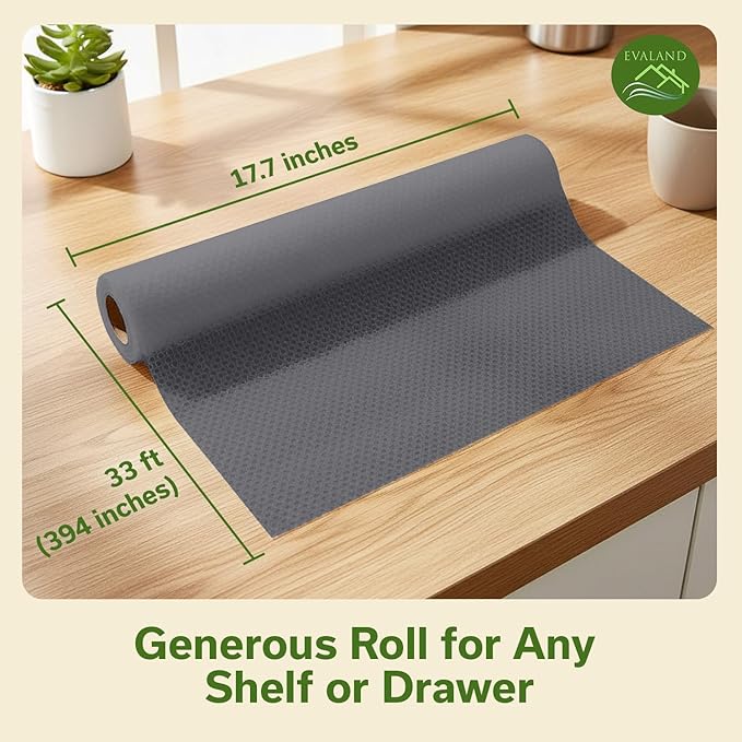 EVALAND Shelf Liners for Kitchen Cabinets Non-Adhesive 17.7" x 33 FT Grey Drawer Liner Non Slip, Washable Cabinet Liner, Waterproof Shelf Liners for Cabinets, Refrigerator Bathroom Pantry Cabinet Mat