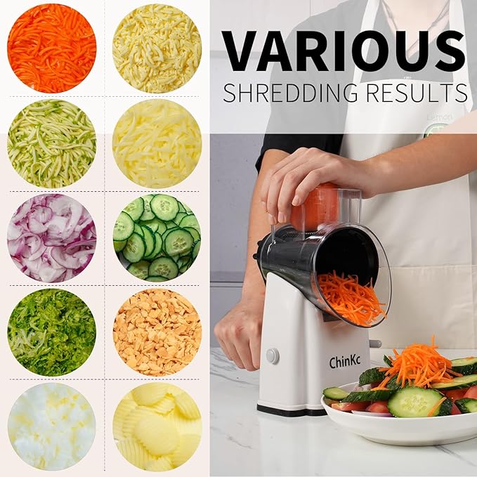 ChinKc Upgrade Rotary Cheese Grater Shredder with Handle, Strong Suction Base, Multi-purpose Rotary Grater Slicer with 5 Interchangeable Blades for Ice, Vegetables, Fruit, Nuts with Blade Storage Box