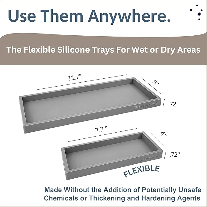 Spacewiser Countertop and Vanity Tray - 2 PC (11” and 7”) Shatterproof Silicone Kitchen and Bathroom Trays for Counter, Kitchen Soap Dispenser Tray, Vanity Trays for Bathroom, Perfume Key Tray