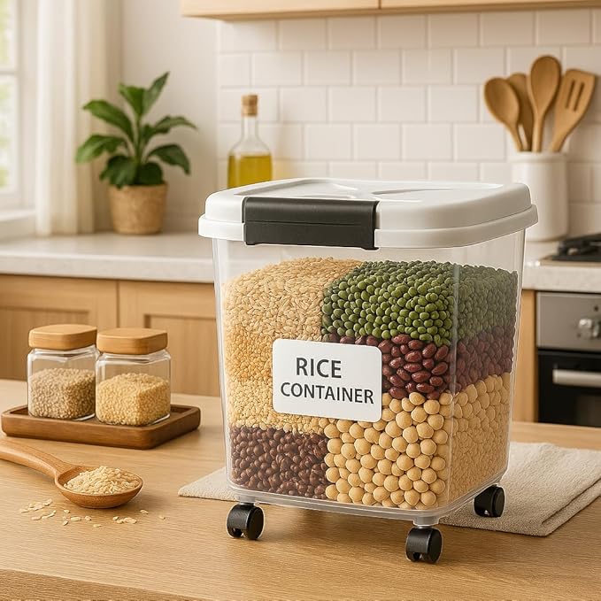 20LBS Flour Container - Rice Dispenser 20LBS/10KG/10.5Qt Food Cereal Container Bins with Measuring Cup for Household Pantry Organization